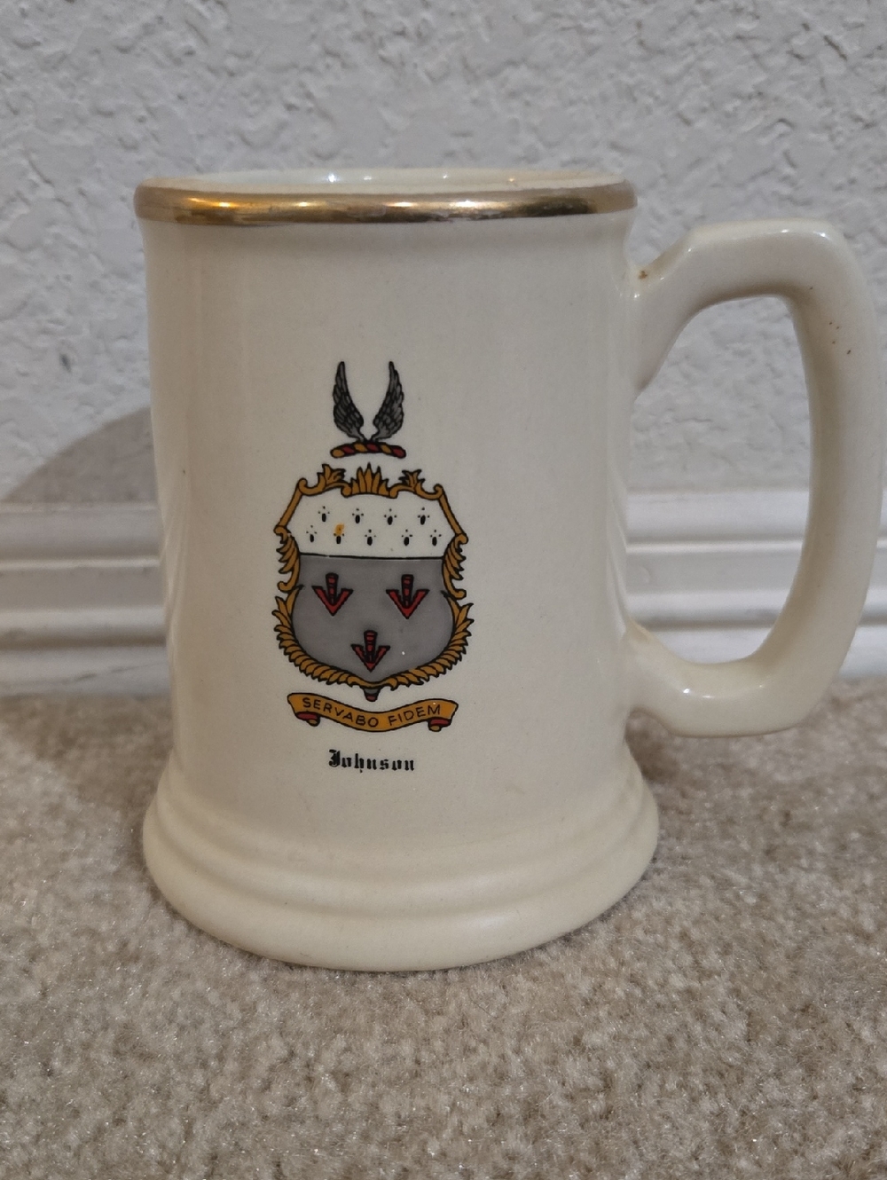 Vtg Beer Mug "Servabo fidem" Johnston.